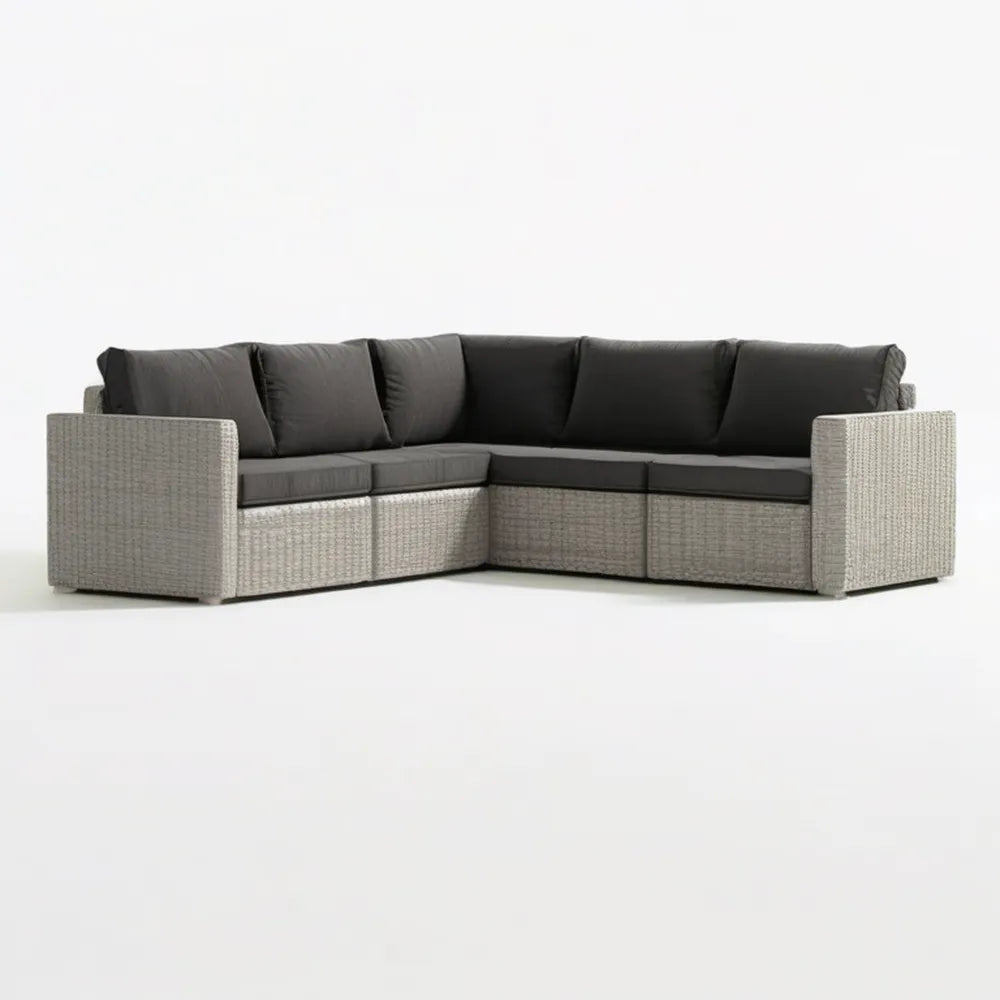 Narożna sofa ogrodowa 5-osobowa z technorattanu PE, szara z czarnymi poduszkami, 250 x 200 x 70 cm