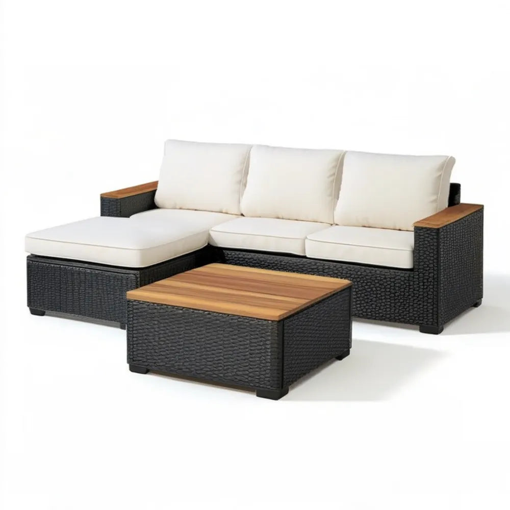 Ogrodowa sofa narożna z technorattanu PE ze stolikiem, czarno-kremowo-brązowa, 200 × 140 × 65 cm