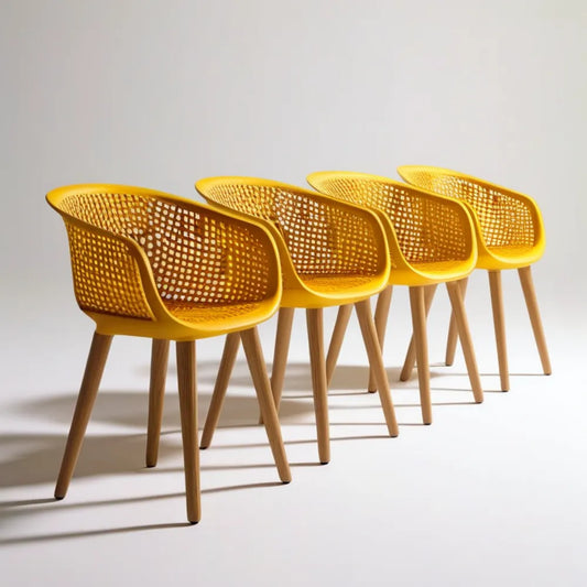 Zestaw 4 żółtych krzeseł z perforowanego polipropylenu z nogami z litego drewna bukowego, 57 x 58 x 80 cm