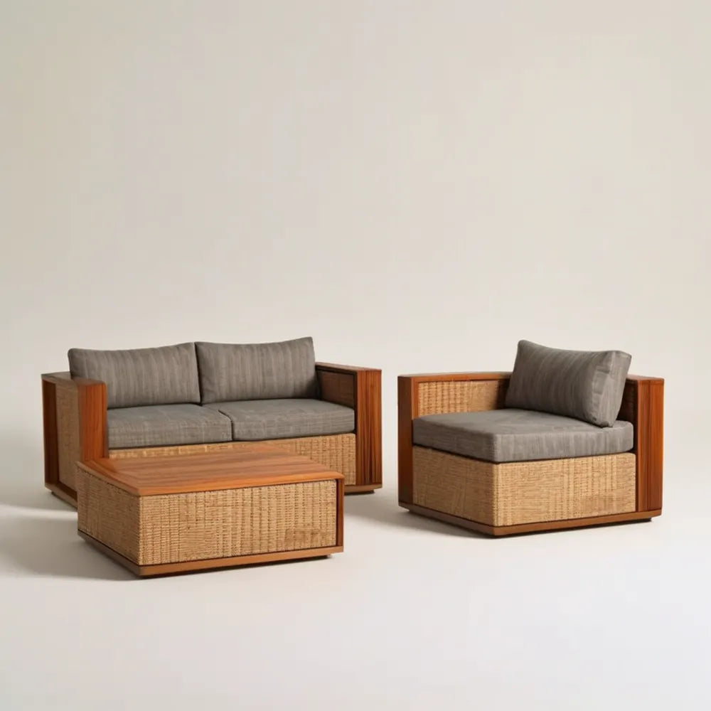 Brązowo-szary zestaw wypoczynkowy z drewna akacjowego i technorattanu – sofa 150 × 78 × 75 cm, fotel, stolik 110 × 60 × 40 cm