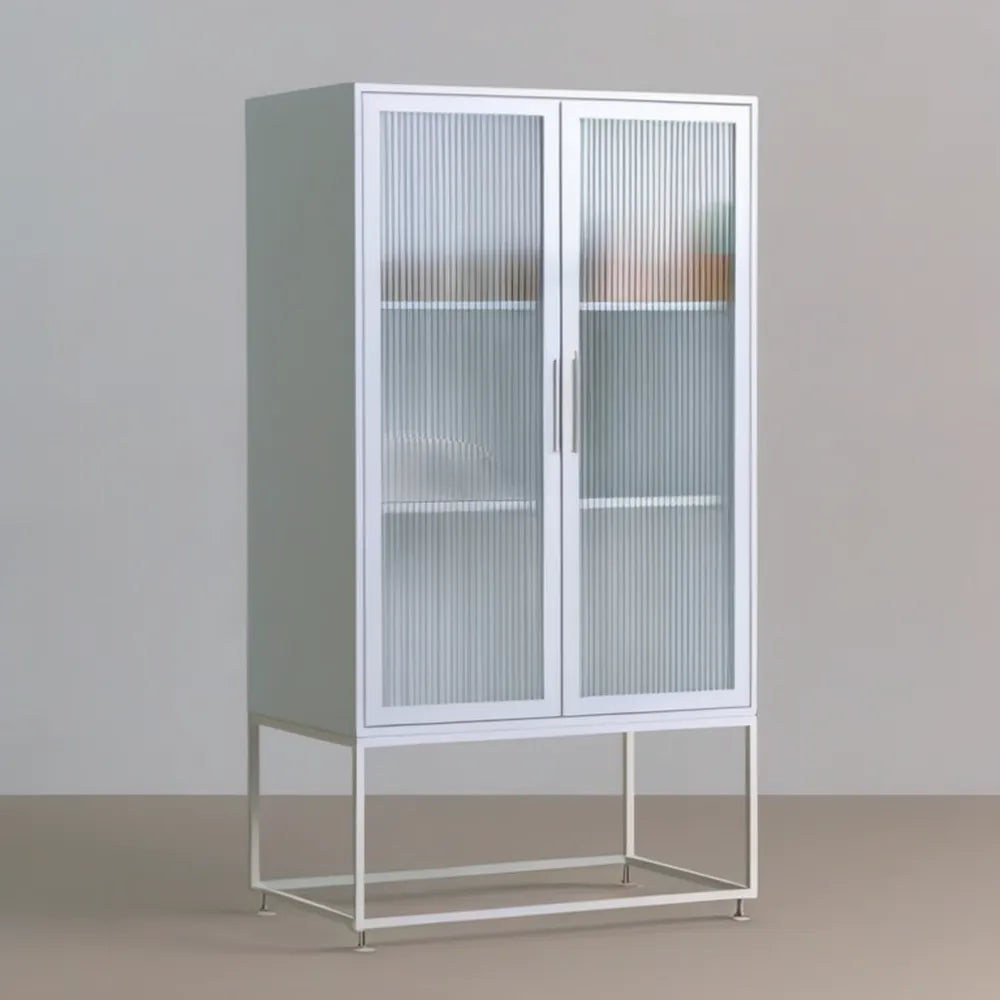 Biała dwudrzwiowa witryna stalowa z ryflowanym szkłem hartowanym 80 × 40 × 180 cm