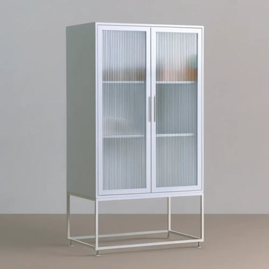 Biała dwudrzwiowa witryna stalowa z ryflowanym szkłem hartowanym 80 × 40 × 180 cm