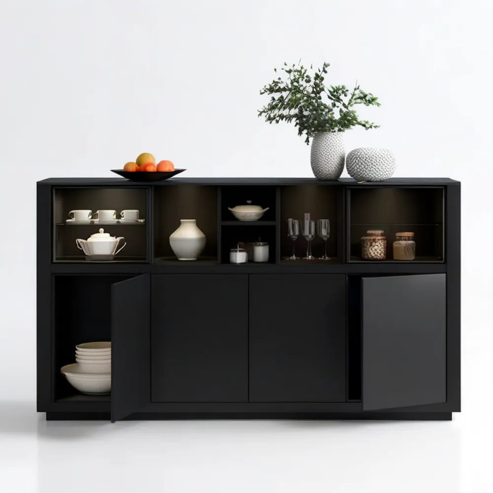 Czarny matowy kredens MDF 180 x 40 x 90 cm z 4 drzwiczkami i otwartymi półkami