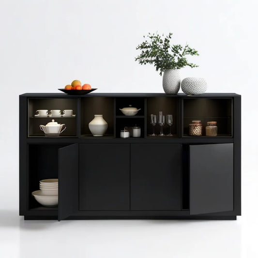 Czarny matowy kredens MDF 180 x 40 x 90 cm z 4 drzwiczkami i otwartymi półkami