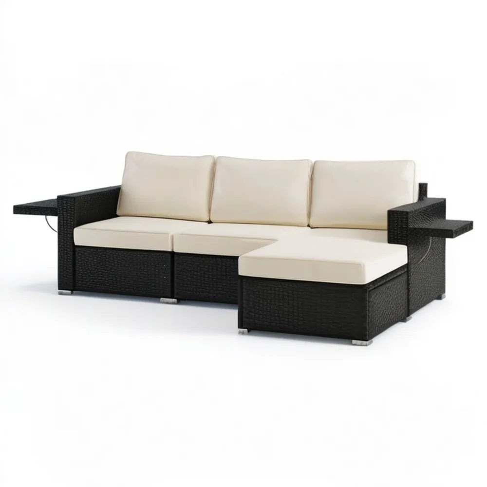 Prawostronna 3-osobowa sofa narożna ogrodowa z technorattanu PE, czarno-kremowa, 220 × 150 × 63 cm