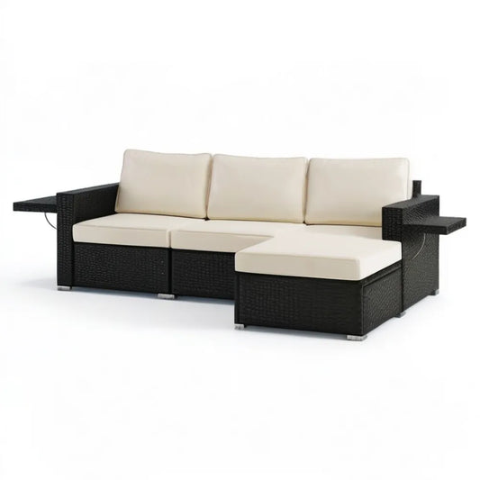 Prawostronna 3-osobowa sofa narożna ogrodowa z technorattanu PE, czarno-kremowa, 220 × 150 × 63 cm