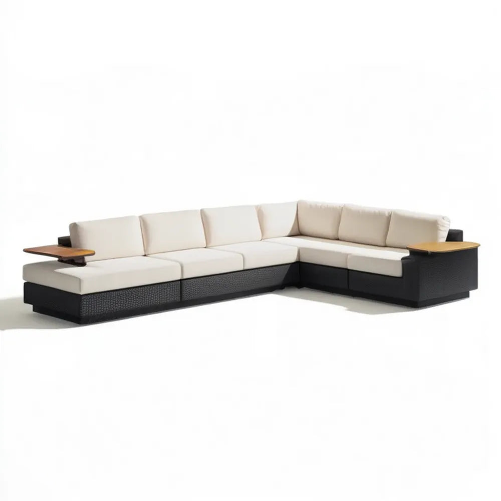 Narożny zestaw ogrodowy w kształcie L z rattanu PE i aluminium, beżowo-czarno-brązowy, 300 × 230 × 70 cm