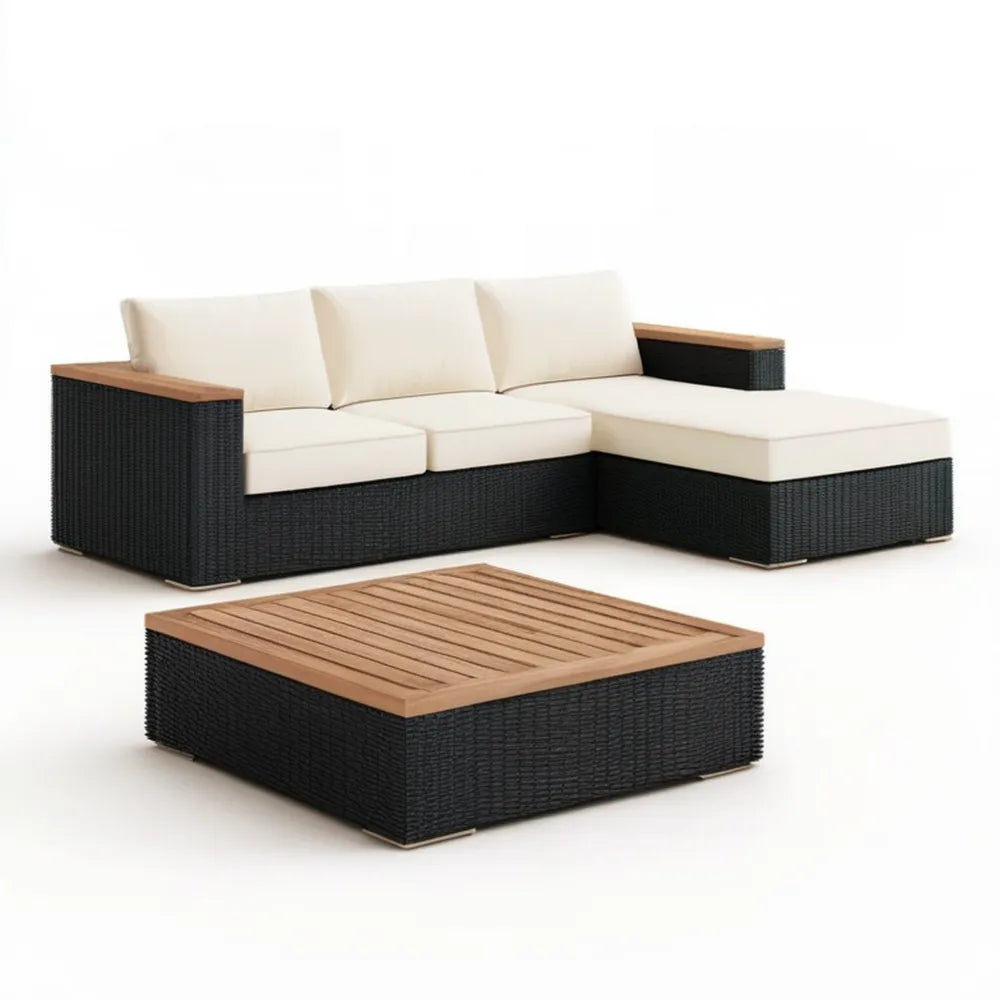 Narożna sofa ogrodowa z technorattanu 230 x 160 x 68 cm, czarna, kremowe poduszki, prawostronna leżanka i stolik